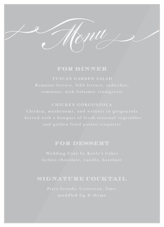 Offer up every delicious and delectable meal option to your guests with the classic style of our Swirling Cheri Clear Wedding Menus.