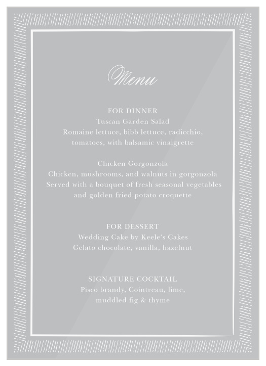 Describe every delectable detail and tantalizing option on the beautiful design of our Handdrawn Frame Clear Wedding Menus.