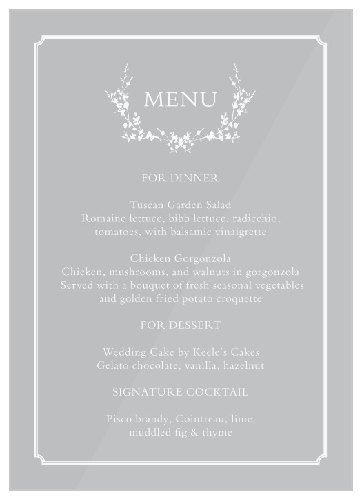 Provide every tantalizing meal option in delectable detail with our Framed Wreath Clear Wedding Menus.