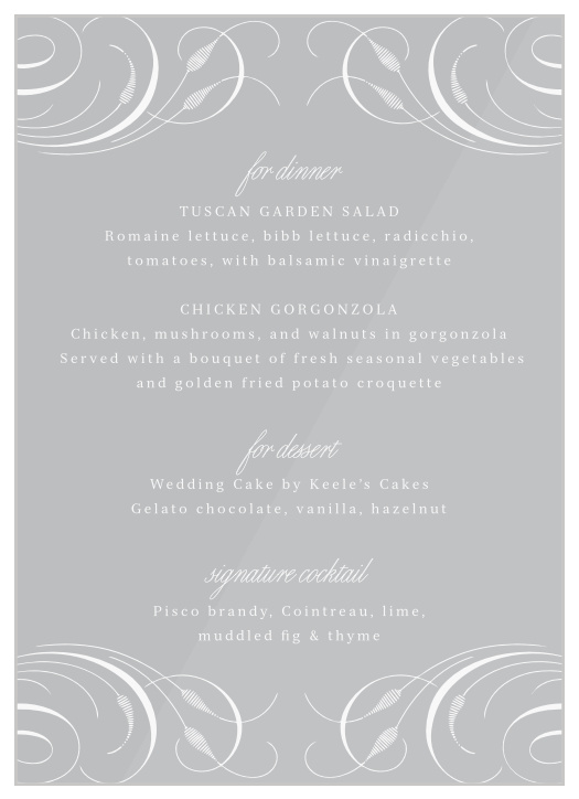 Make a memorable statement at your wedding with the Romantic Swirls Clear Wedding Menus!