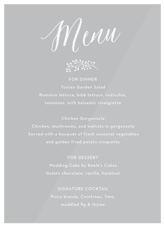 A soft cursive accents the top of our Floral Calligraphy Clear Wedding Menus, neighbored by a delicate white branch.
