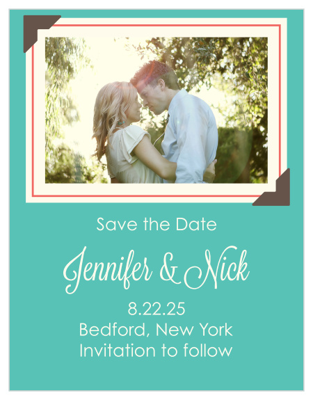 Scrapbook inspired accents, such as faux photo corners, give the Timeless Plaid Scrapbook the special touch that makes this flexible photo save the date card perfect for almost any couple.