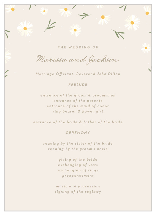 Our Falling Daisies wedding programs are a perfect match to the rest of the Falling Daisies wedding suite.