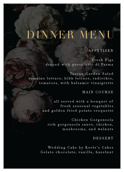 Our Moody Florals Wedding Menus feature a vivid display of dark and dewy peonies.