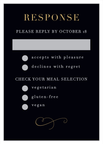 Our Moody Florals Response Cards feature a midnight black backdrop that is topped by pewter response details.