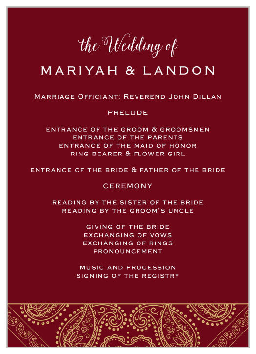 Make sure your ceremony is perfect with our Precious Paisley Wedding Programs.