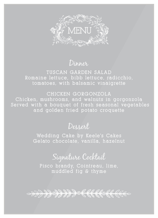 The picture of vintage elegance, our Simple Cursive Clear Wedding Menus feature a focus on simplicity as they guide your guests through every delicious meal choice.