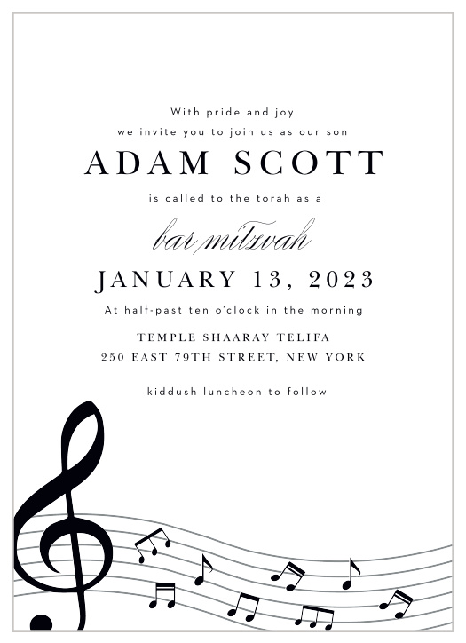 Gather friends and family together to join in the celebration of your child's coming-of-age ceremony with our Musical Notes Bar Mitzvah Invitations.