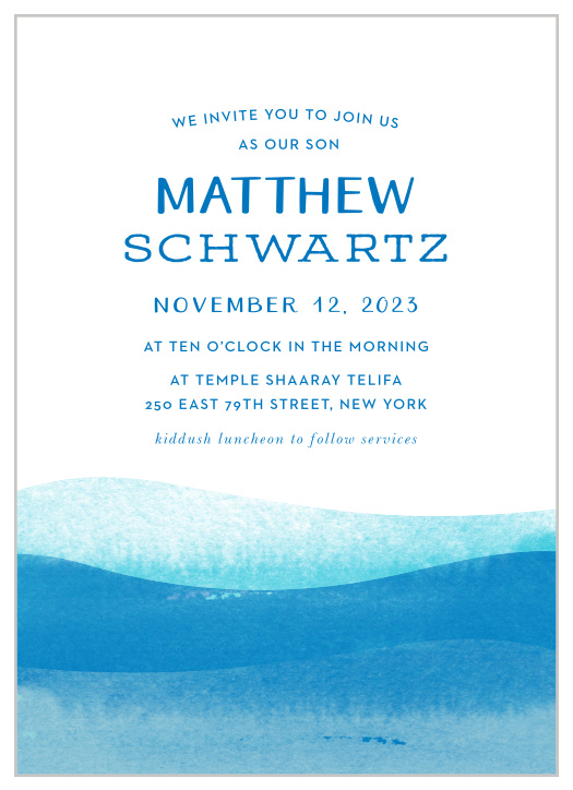Invite friends and family to your big day with our Ocean Vibes Bar Mitzvah Invitations.