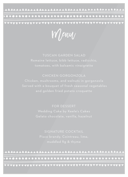 Boho Pattern Clear Wedding Menus guarantee that your guests can choose the meal that most appeals to them.