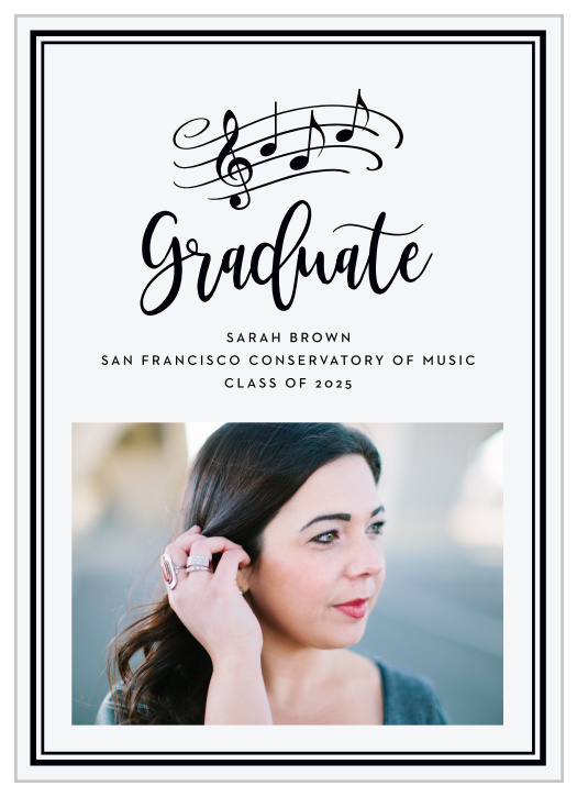Broadcast your astonishing achievement to family and friends with the modern look of our Musical Grad Graduation Announcements.