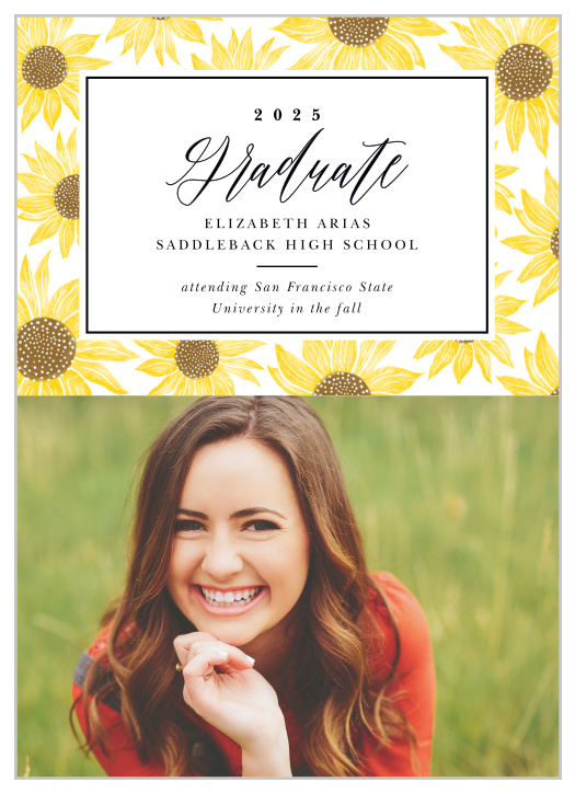 A beaming photo of the proud graduate sits at the bottom of our Sunflower Student Graduation Announcements!