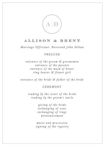 Your guests will have no questions as to what to expect when you provide our Minimalist Monogram Wedding Programs at your event!