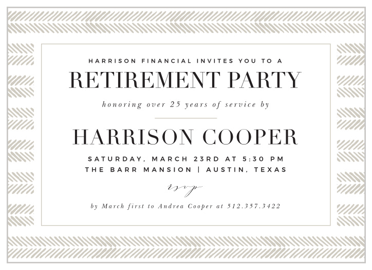 Start the next chapter in your life among family and friends with our Herringbone Stripes Retirement Invitation.