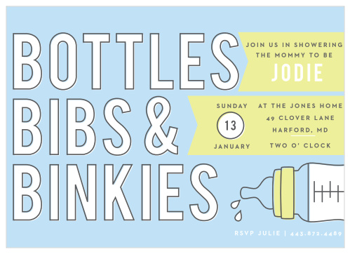 Provide a constant drip of your celebration's information on our stunningly modern Bottles & Binkies Baby Shower Invitations.