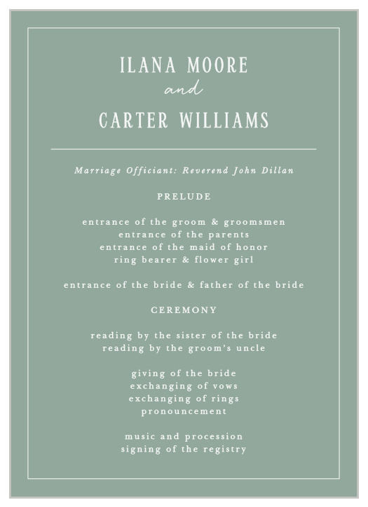 Set the stage for your ceremony with our Picturesque Tea Wedding Programs. 