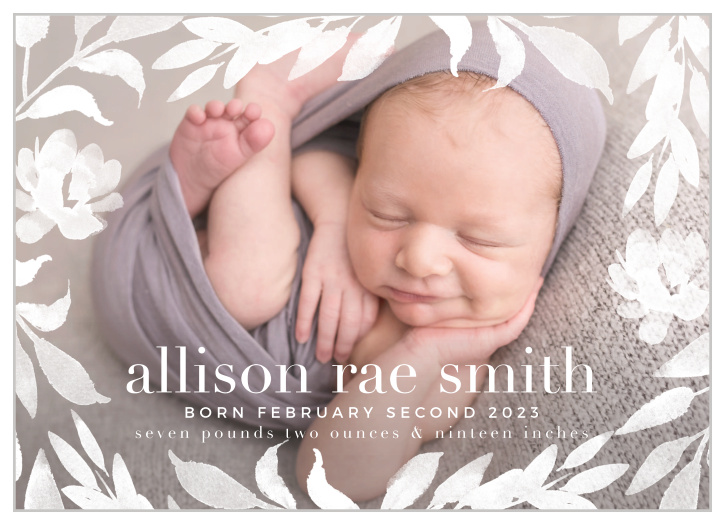 Adorn our Garden Frame Birth Announcements with a gorgeous photo of your choice, then share all the details of your newborn's birth in a clean white and playful print.