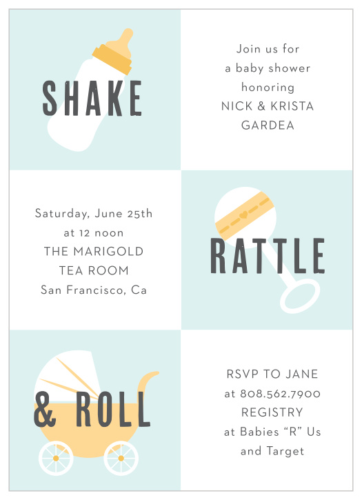 Surround yourself with your closest friends and family to celebrate your little one on the way with the chic design of our Shake Rattle & Roll Boy Baby Shower Invitations!