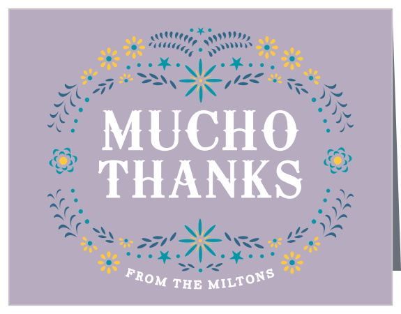 Subtle and bright colors come together with folk-art styled florals to create an intricate border to your gratitude and names, which are done up in western-esque typography.