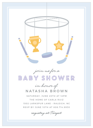 You can be sure that your friends and family will be in love with the stunning design of our Hockey Mobile Baby Shower Invitations.