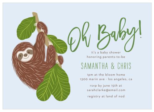Invite your guests to celebrate the parents-to-be with our Tiny Sloth Baby Shower Invitations.