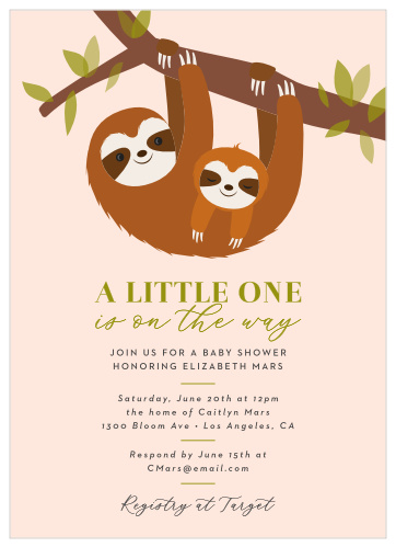 Invite your friends and family to hang out with our Swinging Sloths Baby Shower Invitations.