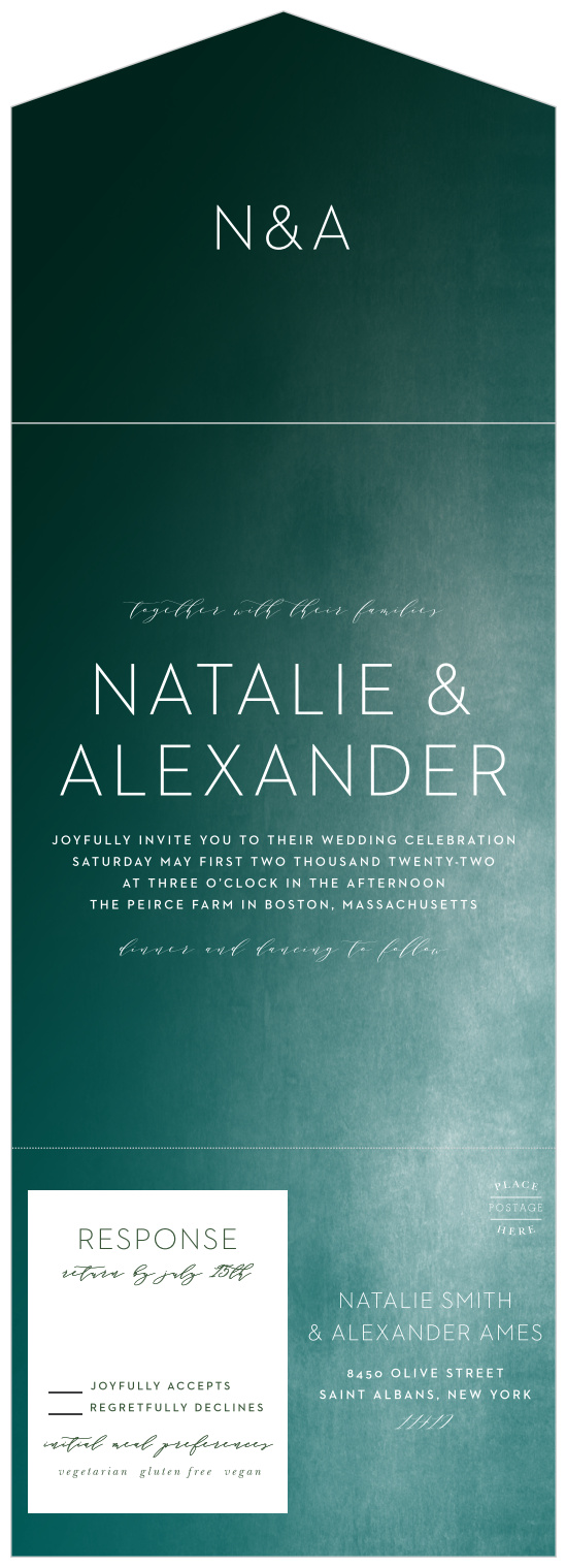 Featuring the tell-tale reflection of the noonday sun on the ocean's surface as its background, our gorgeous Modern Ombre Seal & Send Wedding Invitations give you the opportunity to detail your wedding details in a stunning white print and sprawling calligraphy.