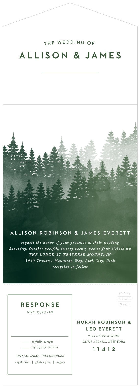 You will love the mystical forest scene featured on our Forest Watercolor Seal & Send Wedding Invitations!