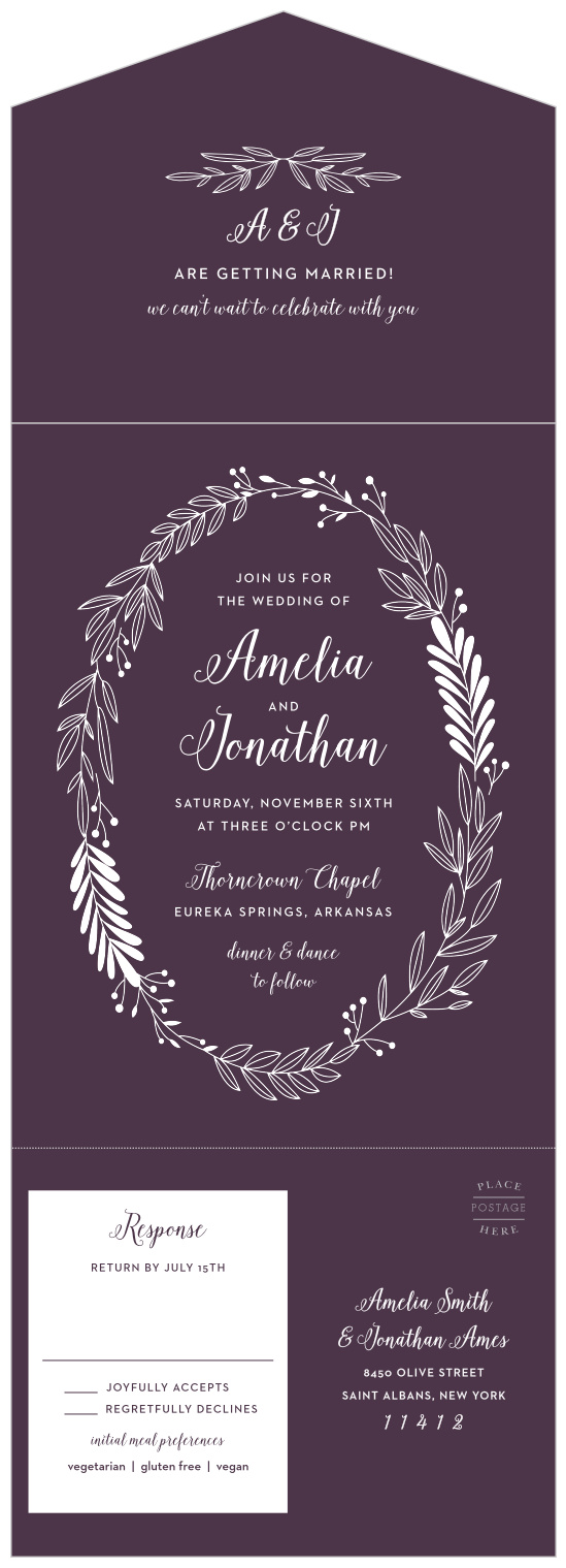 A beautiful wreath surrounds your names and the details of your wedding day on our Wreath of Love Seal & Send Wedding Invitations.