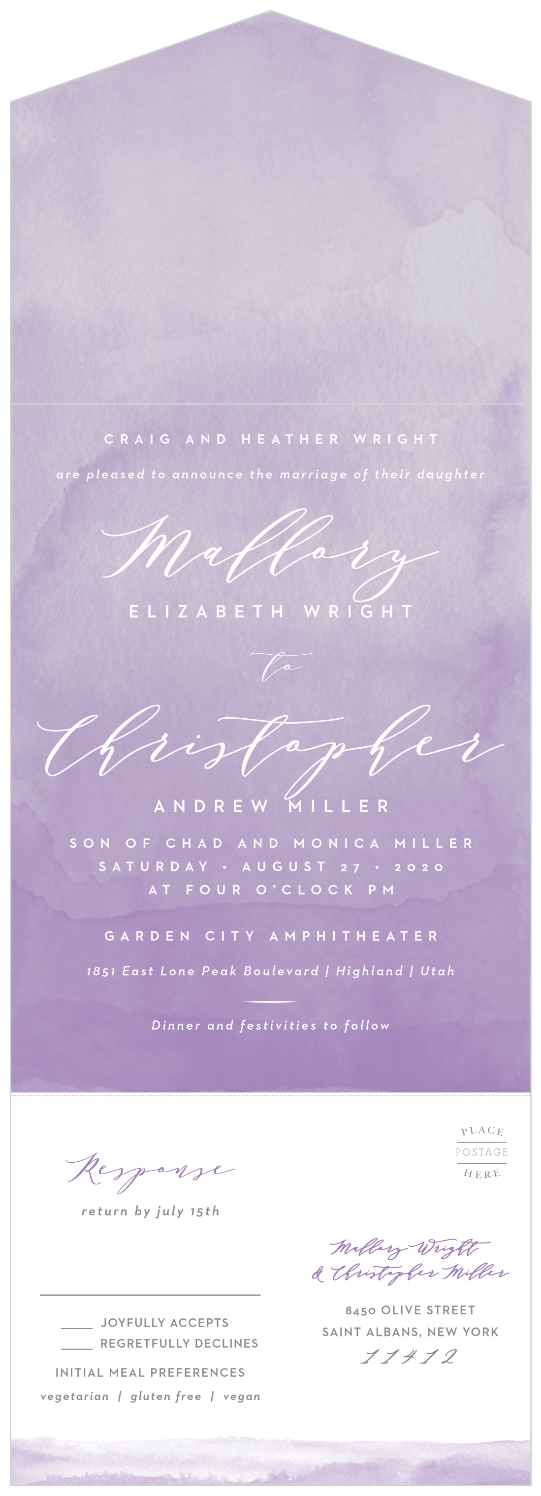 Lilac Dip Dye Seal & Send Wedding Invitations
