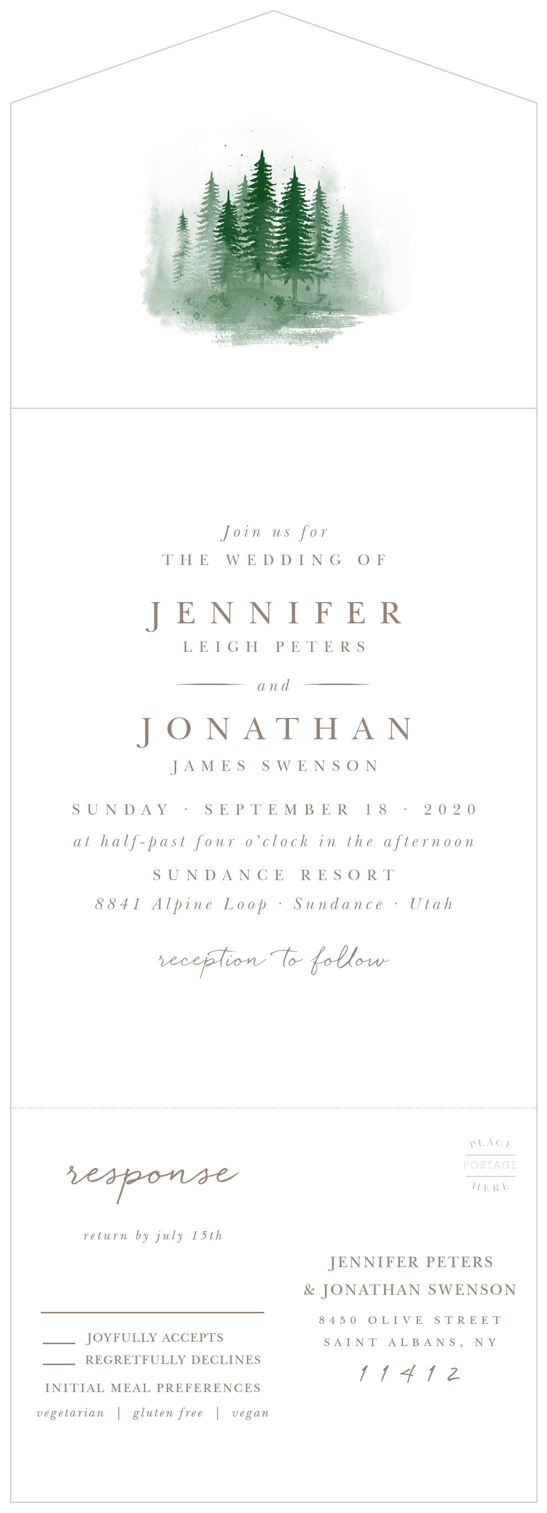 Watercolor Pines Seal & Send Wedding Invitations