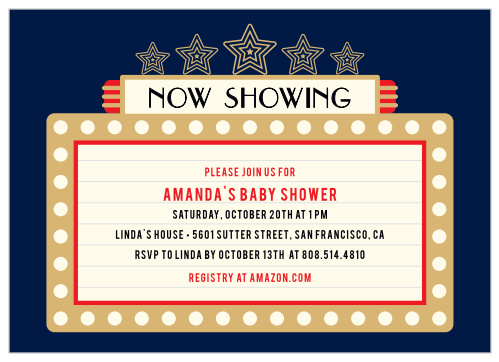 Announce the newest feature of your life's film with the vintage-style of our At The Movies Baby Shower Invitations.