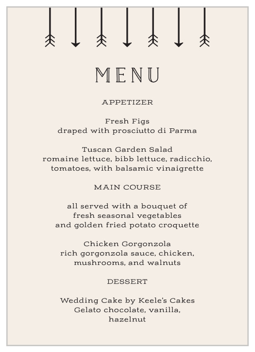Let your wedding day's stationery serve a purpose, as well as serving as decor, with our stylish Overlapping Arrows Wedding Menus!