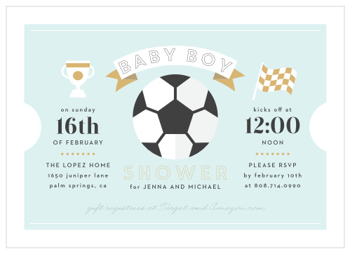 Your celebration is sure to bring home the prize with the lovely illustrations of our Soccer Banner Baby Shower Invitations.