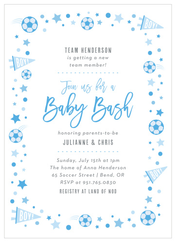 Celebrate every current and future kick your friends and family when you use our Soccer Boy Baby Shower Invitations to gather them together!
