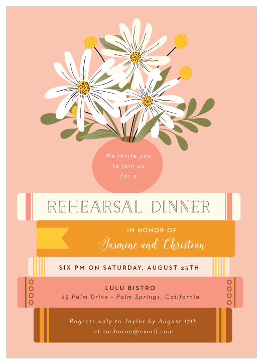 Invite your friends and family to join the pre-wedding celebration with our Stacked Books Rehearsal Dinner Invitations.