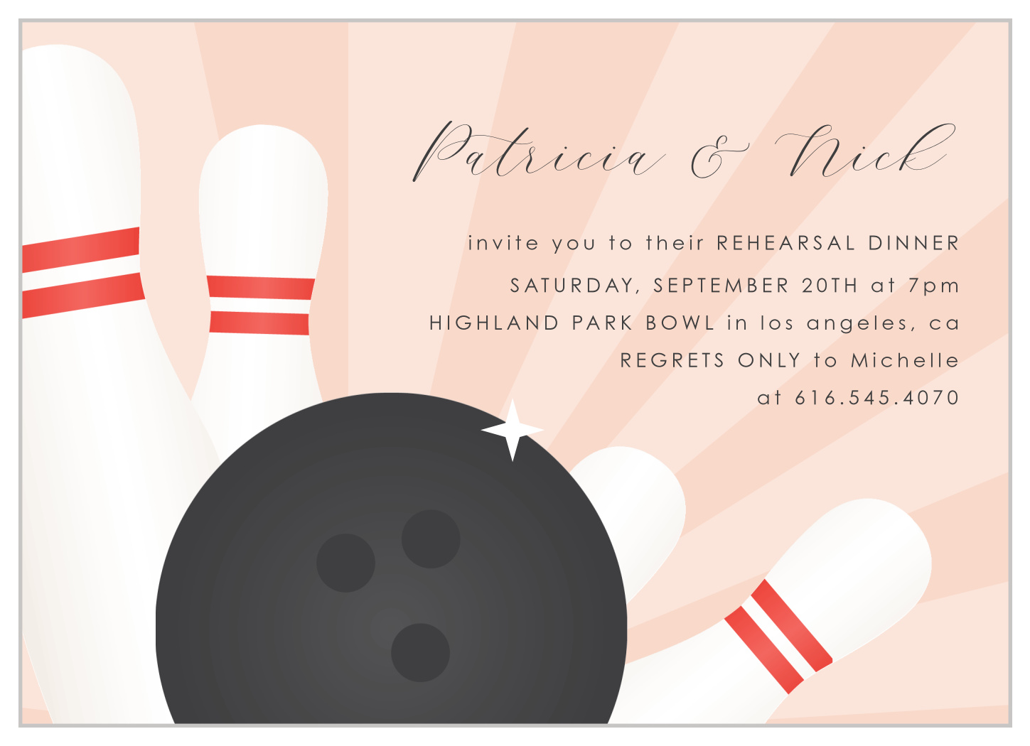 Bowling Pins Rehearsal Dinner Invitations by Basic Invite