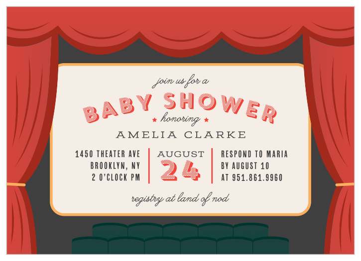 Roll out the red carpet for the star of the show with our Theater Show Baby Shower Invitations.