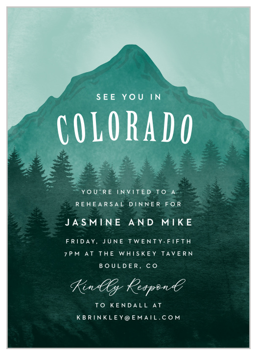Ensure your guests are at your pre-wedding celebration with our Colorado Mountain Rehearsal Dinner Invitations.