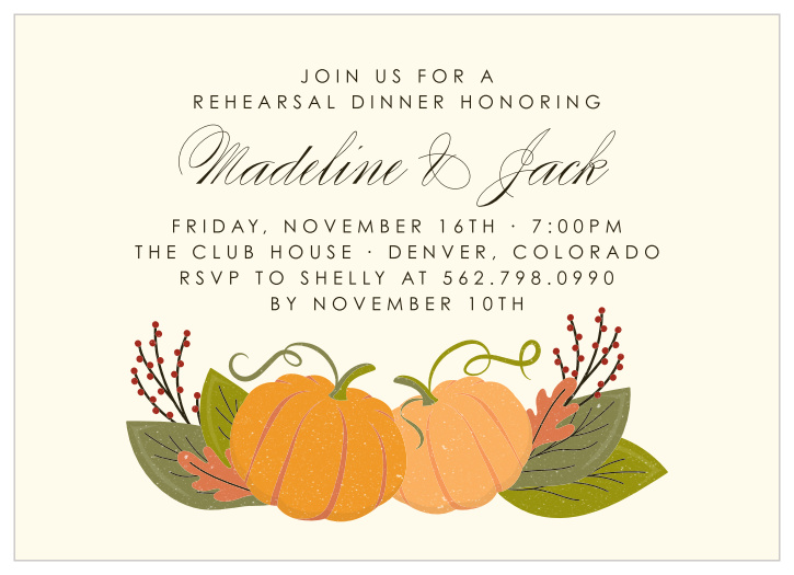Get ready for your big day with our Pumpkin Dinner Rehearsal Dinner Invitations.
