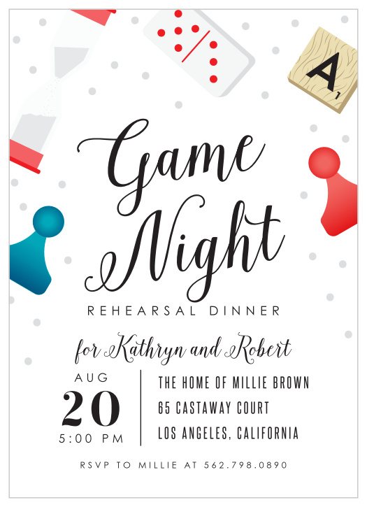 Piece together the final touches with our Game Night Rehearsal Dinner Invitations.