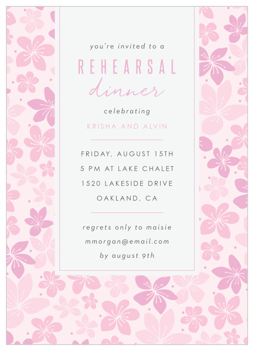 Celebrate your blossomed love with our Cherry Blossoms Rehearsal Dinner Invitations.