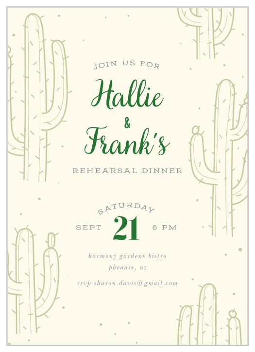 Celebrate your love surrounded by friends and family with our Cacti Fields Rehearsal Dinner Invitations.