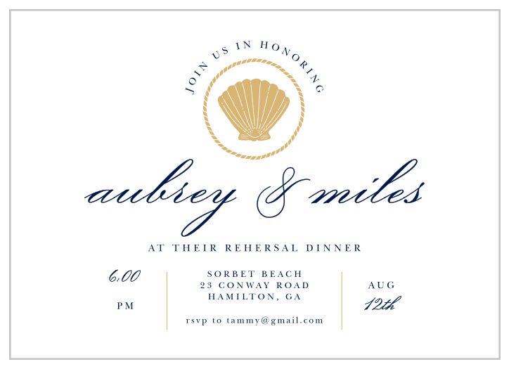 Shore up your list of attendees with our beautifully modern Nautical Seashell Rehearsal Dinner Invitations!