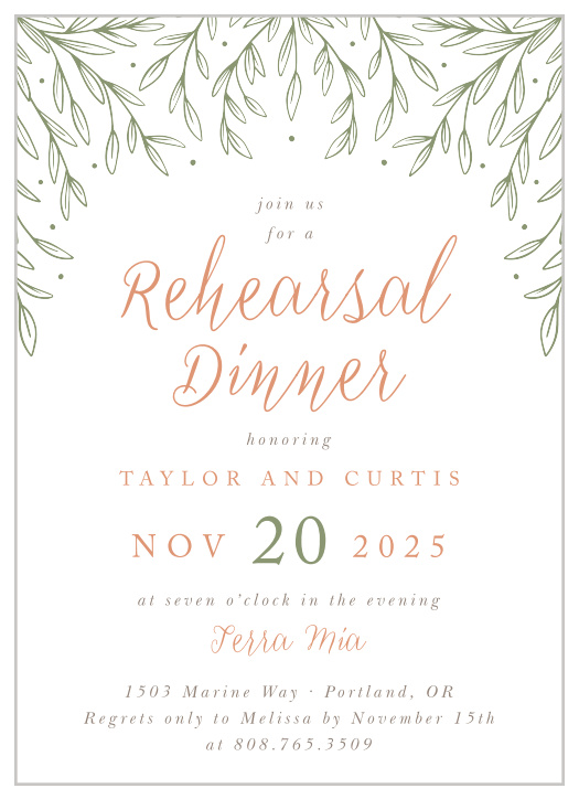 Invite your friends and family to a meal before the deal with our Olive Sprigs Rehearsal Dinner Invitations.