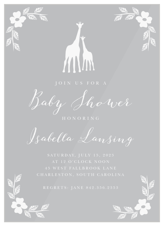 Sweet flowers accent the corners of the Delicate Giraffe Clear Baby Shower Invitations. 