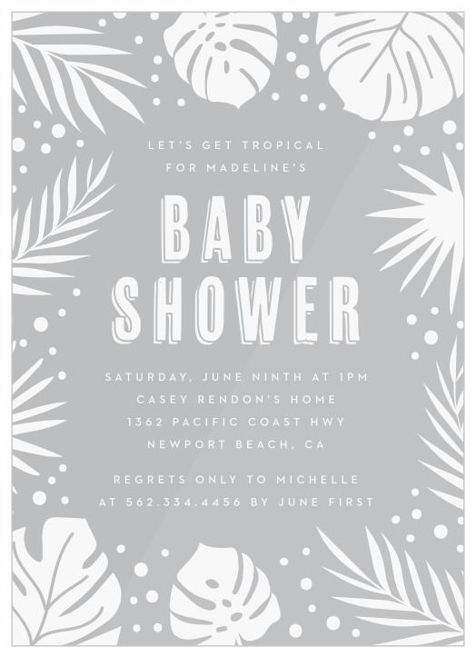 Invite your guests to take a walk on the wild side with our Tropical Leaves Clear Baby Shower Invitations.
