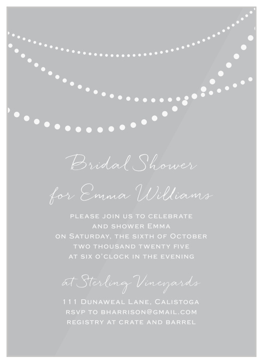 With a string of shining pearls decorating the top of our Golden Pearls Clear Bridal Shower Invitations, you can be sure that they immediately catch your guests' eyes.