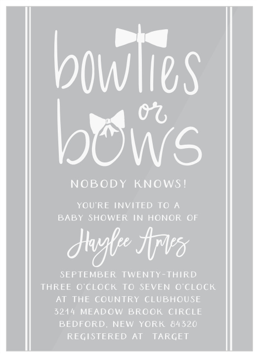 Bowties or Bows? Nobody knows! Invite guests to your gender reveal shower with the Bowties or Bows Baby Shower Invitations!