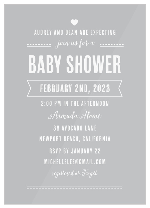 Invites friends and family to shower the mom-to-be with gifts and well wishes using the Chalkboard Writing Clear Baby Shower Invitations.
